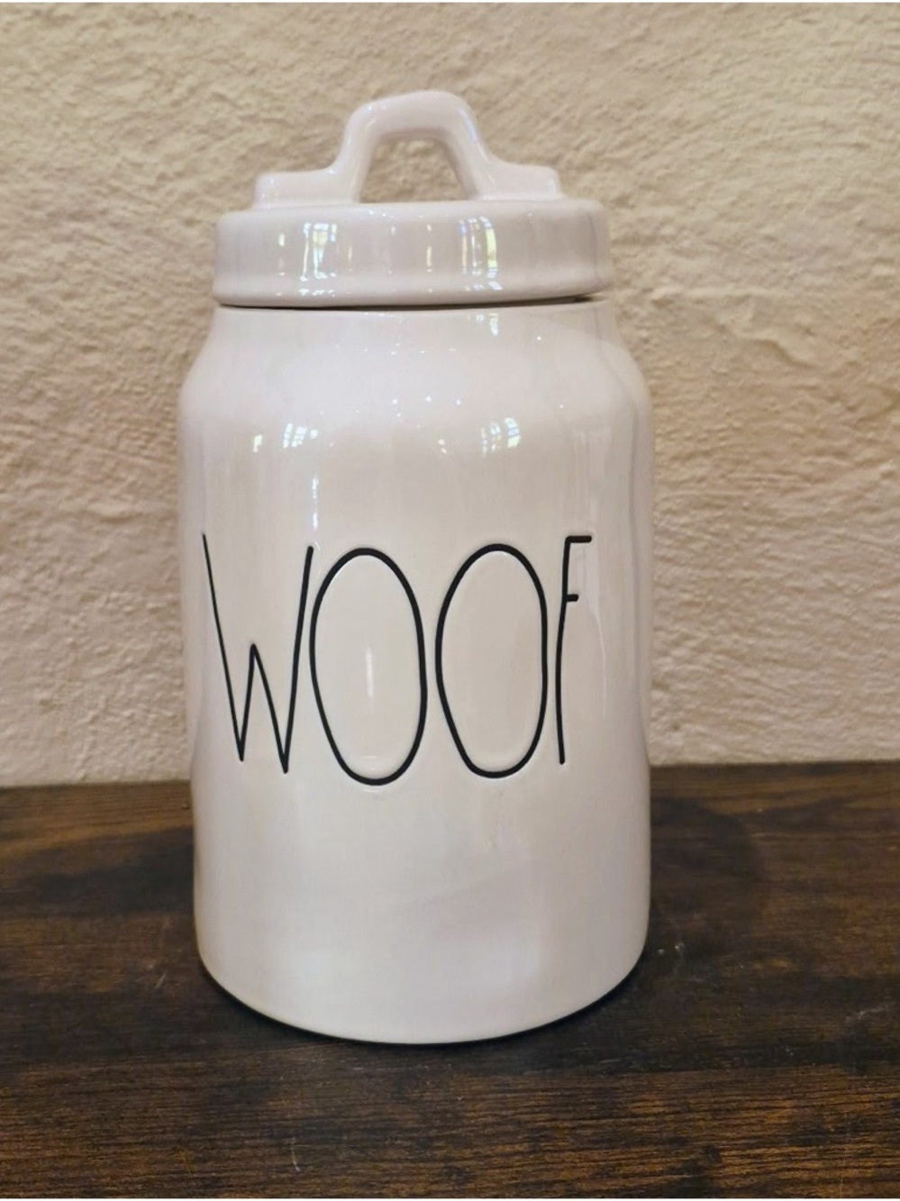Rae Dunn White Ceramic 'WOOF' Pet Treat Jar